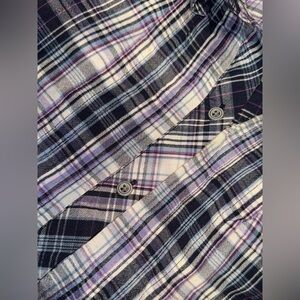Plaid button up with ruffle detail, j jill, medium, cool colors